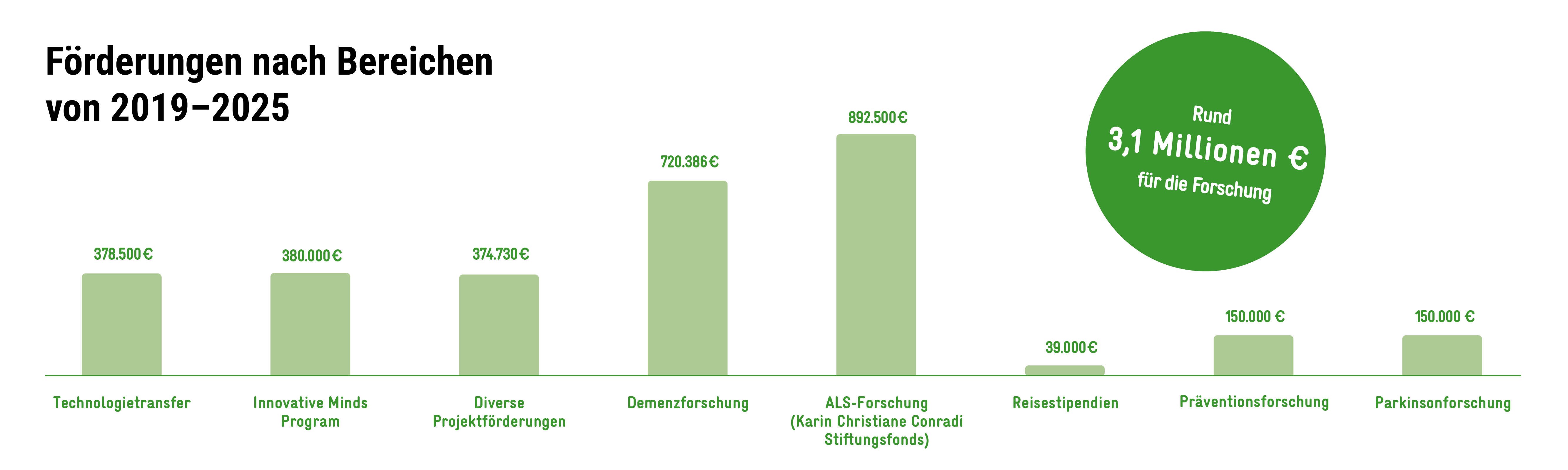Übersicht der Fördermittel der DZNE-Stiftung 2019–2025 nach Bereichen wie Demenzforschung, ALS-Forschung, Parkinsonforschung und Innovative Minds Program